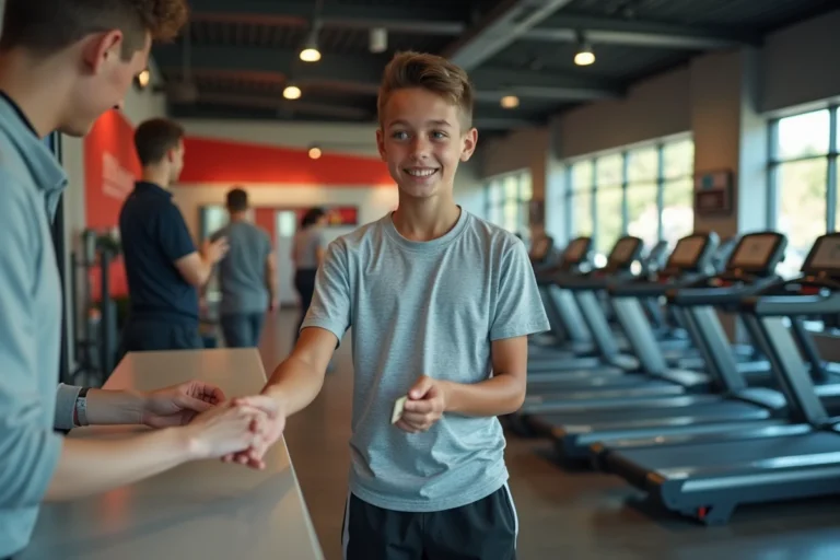 Jeune adolescent de 15 ans présentant sa carte d'abonnement Basic-Fit à l'accueil d'une salle de sport