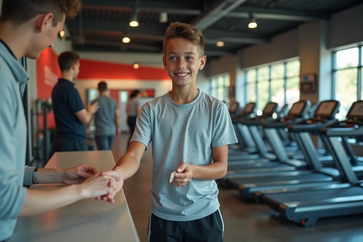 Jeune adolescent de 15 ans présentant sa carte d'abonnement Basic-Fit à l'accueil d'une salle de sport