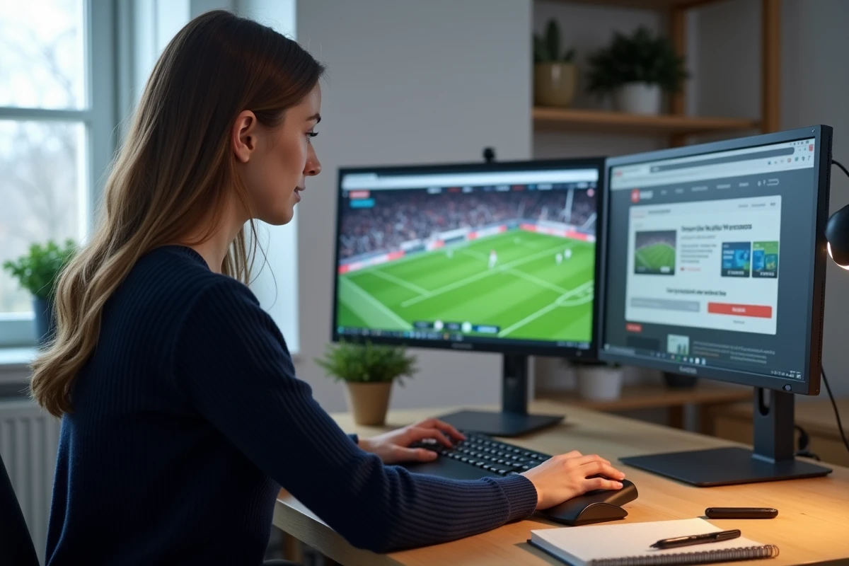 Femme cherchant des alternatives de streaming sportif sur ordinateur de bureau à domicile