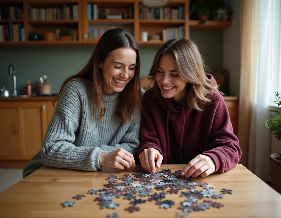 Deux amis adultes assemblant un puzzle en bois à une table de cuisine rustique dans un appartement cosy