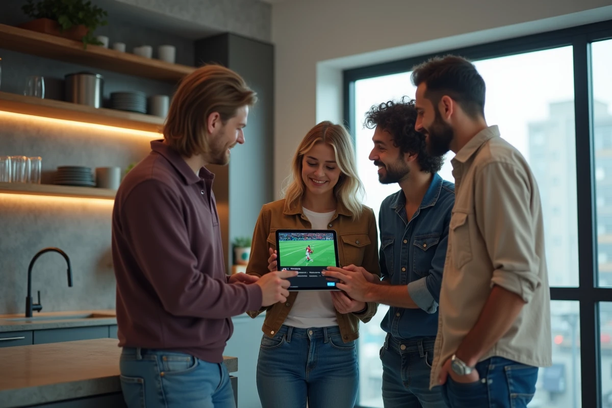 Groupe d'amis consultant une application de streaming sportif sur tablette dans une cuisine moderne