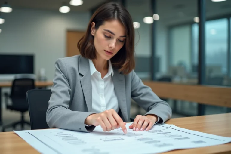 Une femme analyse la structure d'un site web imprimée sur papier dans un bureau tech moderne
