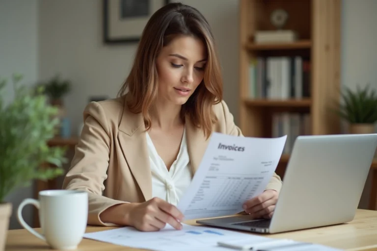 Auto-entrepreneuse en blazer beige analysant ses factures et revenus sur un ordinateur portable dans un bureau moderne à domicile