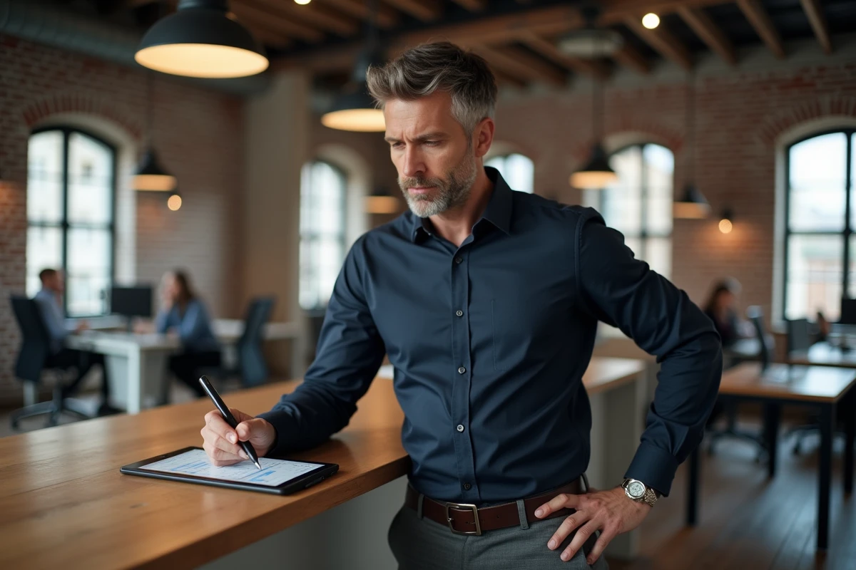 Homme auto-entrepreneur consultant un tableau de revenus sur tablette dans un espace de co-working moderne