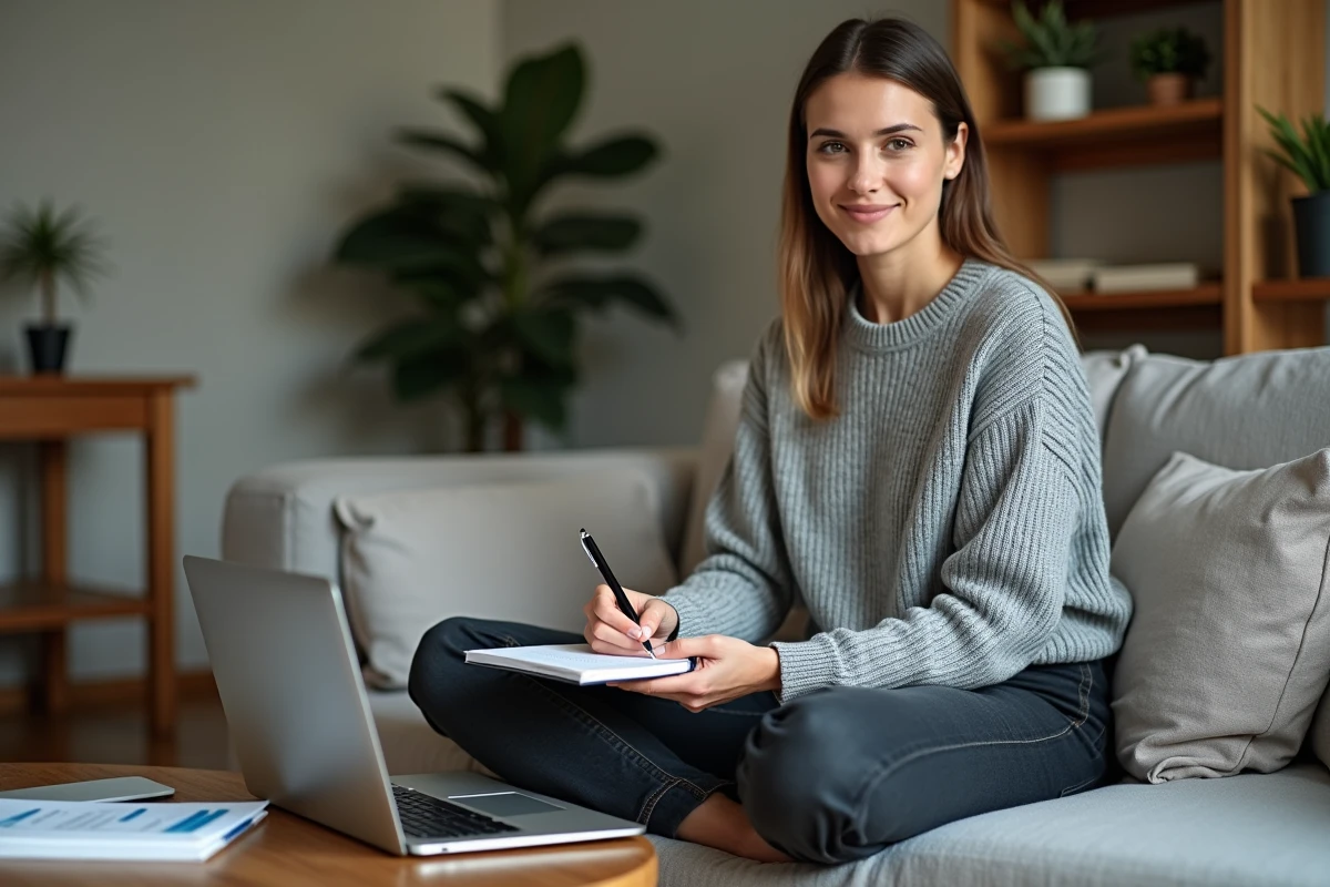 Jeune femme auto-entrepreneuse calculant son salaire net mensuel dans un carnet avec un ordinateur portable sur une table basse