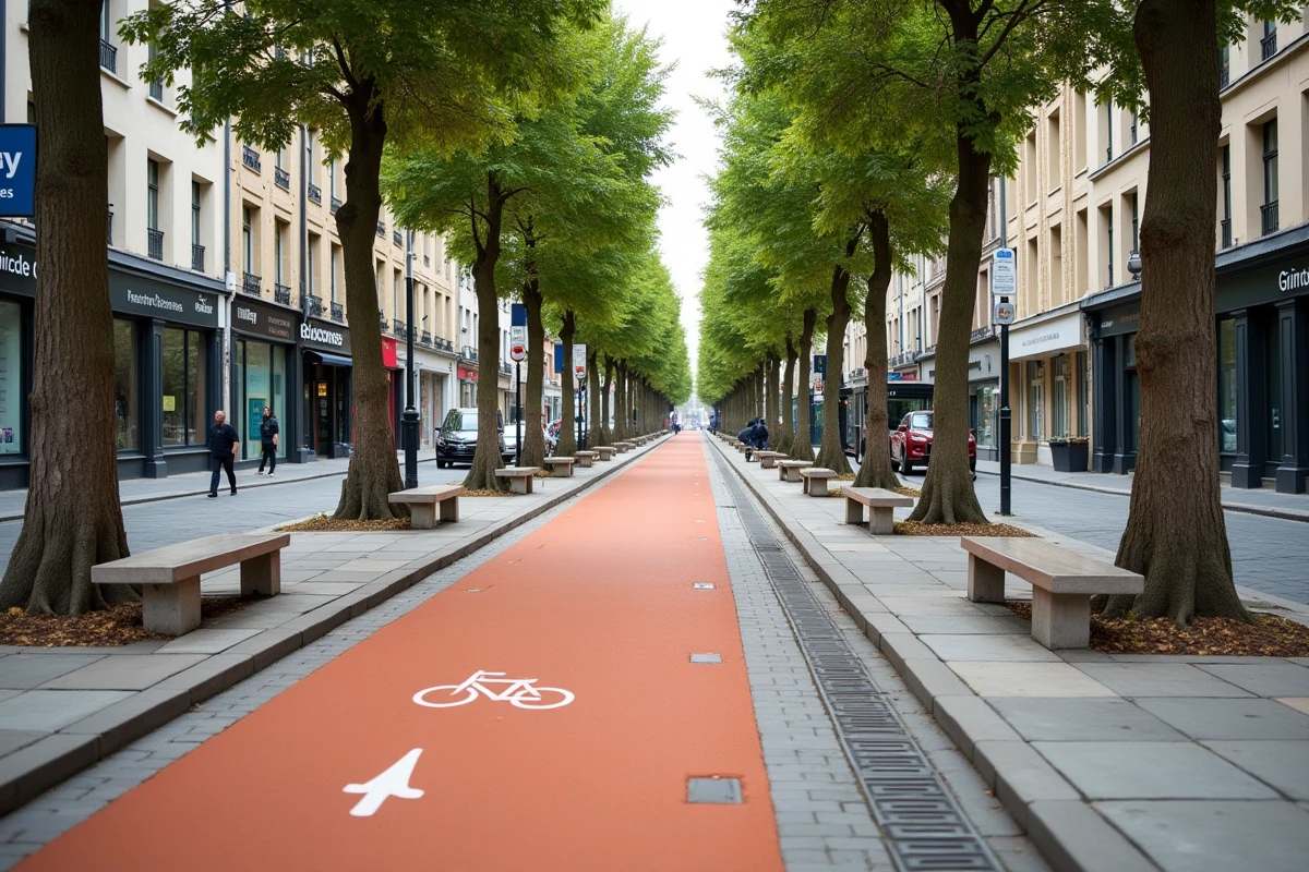Boulevard urbain transformé avec piste cyclable en terre cuite et arbres alignés dans une ville moderne