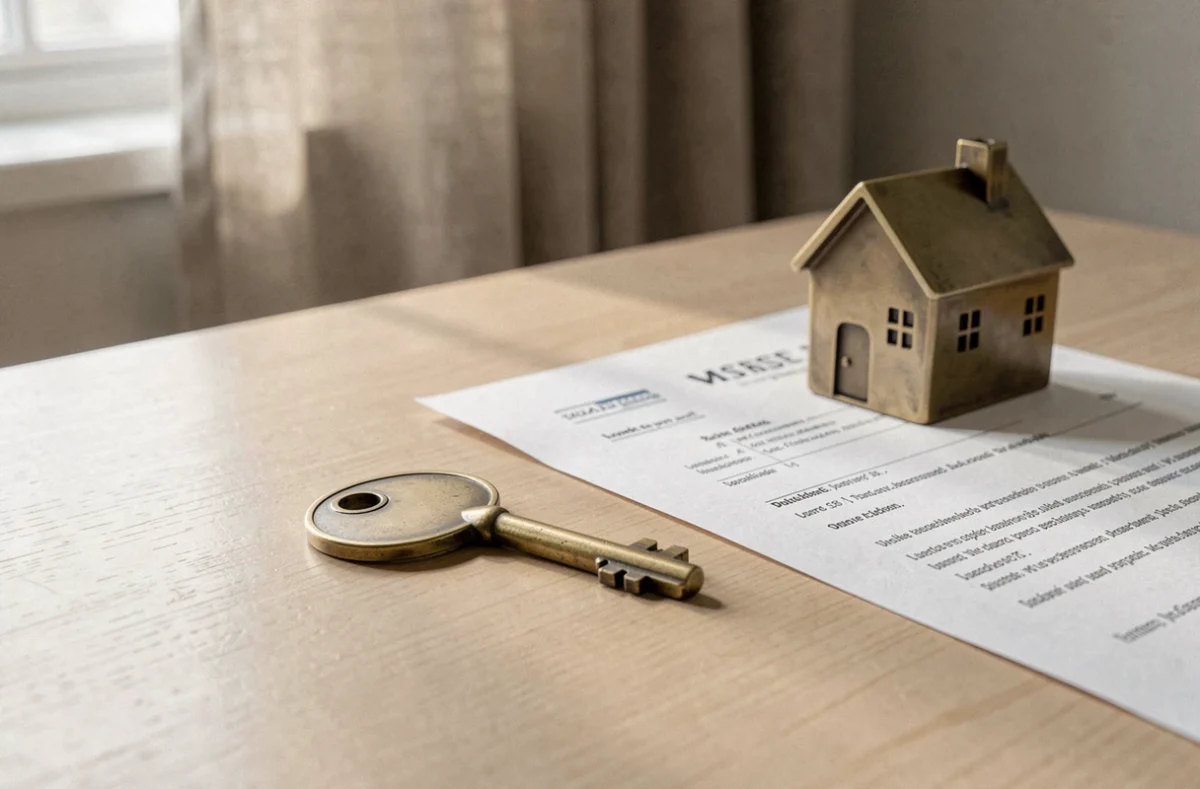 Clé de propriété et contrat de vente sèche immobilière posés sur une table en bois