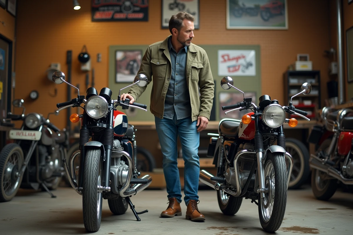 Homme comparant une Yamaha Chappy 125 et une Honda Dax dans un atelier de mécanique vintage, vue en trois quarts