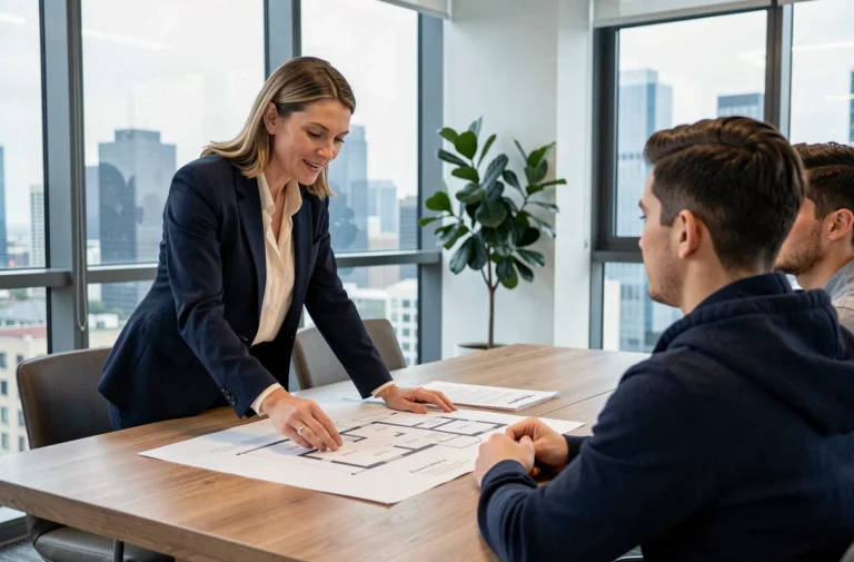 Agent immobilier expérimentée présentant des plans architecturaux à un couple lors d'une réunion de conseil en agence immobilière moderne
