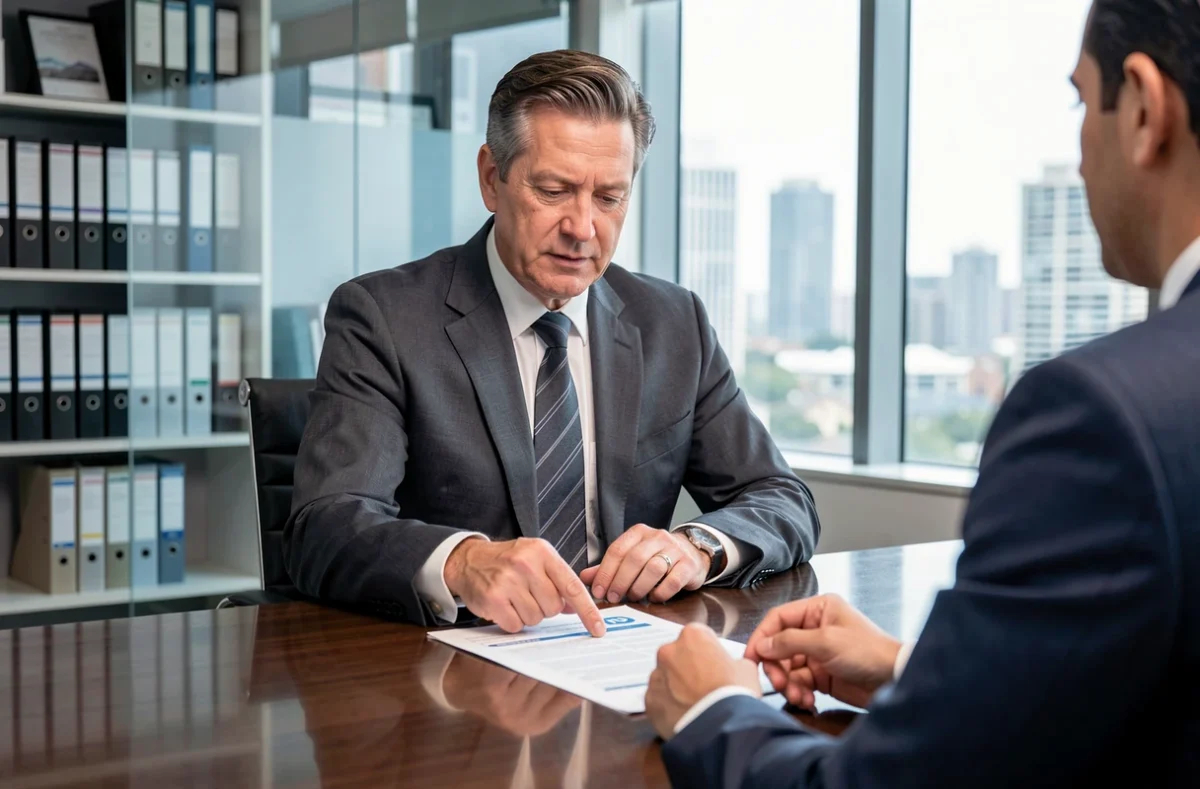 Conseiller en assurance présentant une police d'assurance immobilière à un propriétaire dans un bureau professionnel