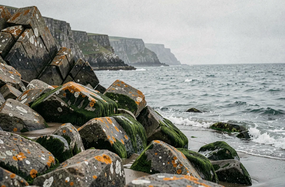 Côte rocheuse bretonne avec falaises de granit et mer Atlantique sous ciel brumeux