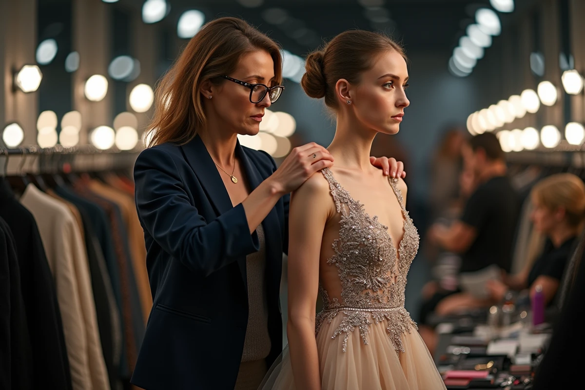 Coulisses d'une fashion week avec une styliste ajustant la robe haute couture d'un mannequin dans une loge encombrée de vêtements