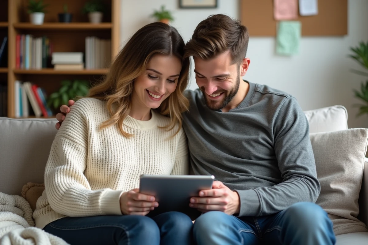 Couple organisant le planning familial ensemble dans un salon confortable et bien rangé