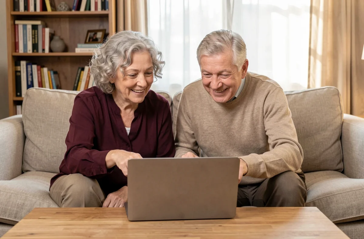 Un couple de seniors explore ensemble un portail de ressources en ligne pour personnes âgées sur un ordinateur portable dans leur salon