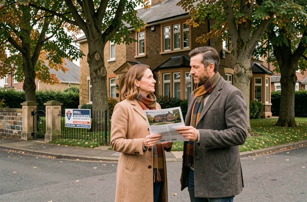 Couple visitant une maison à vendre dans le cadre d'une transaction immobilière en vente sèche