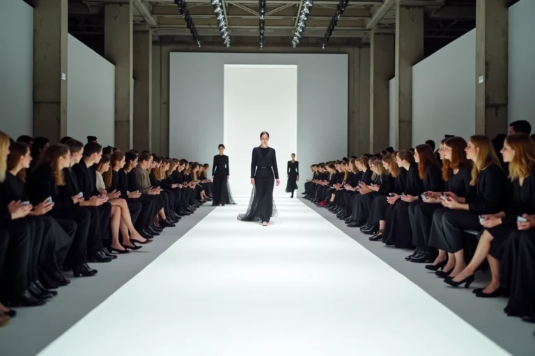 Défilé de mode lors d'une fashion week dans un grand hall industriel parisien avec des mannequins sur le podium et des spectateurs en tenue noire