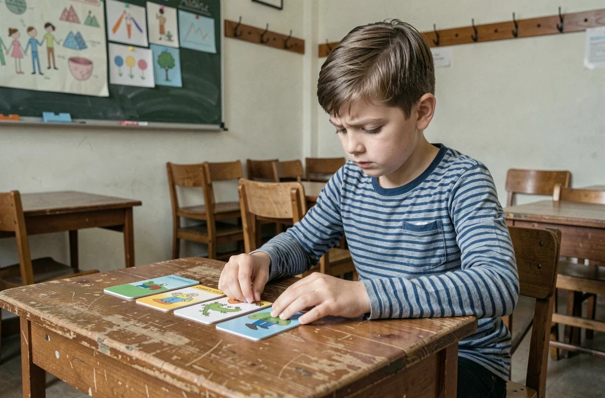 Jeune garçon concentré sur un jeu pédagogique de classement de cartes illustrées à son bureau en classe