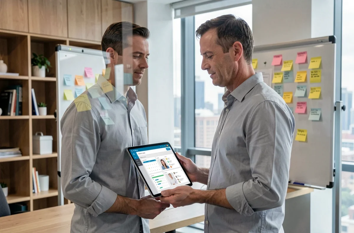 Employé RH consultant une interface de gestion des congés et attestations sur tablette dans un espace de travail moderne