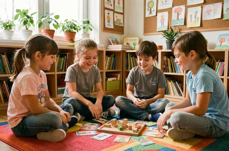 Groupe d'enfants jouant à un jeu de société pédagogique en classe pour stimuler l'apprentissage coopératif