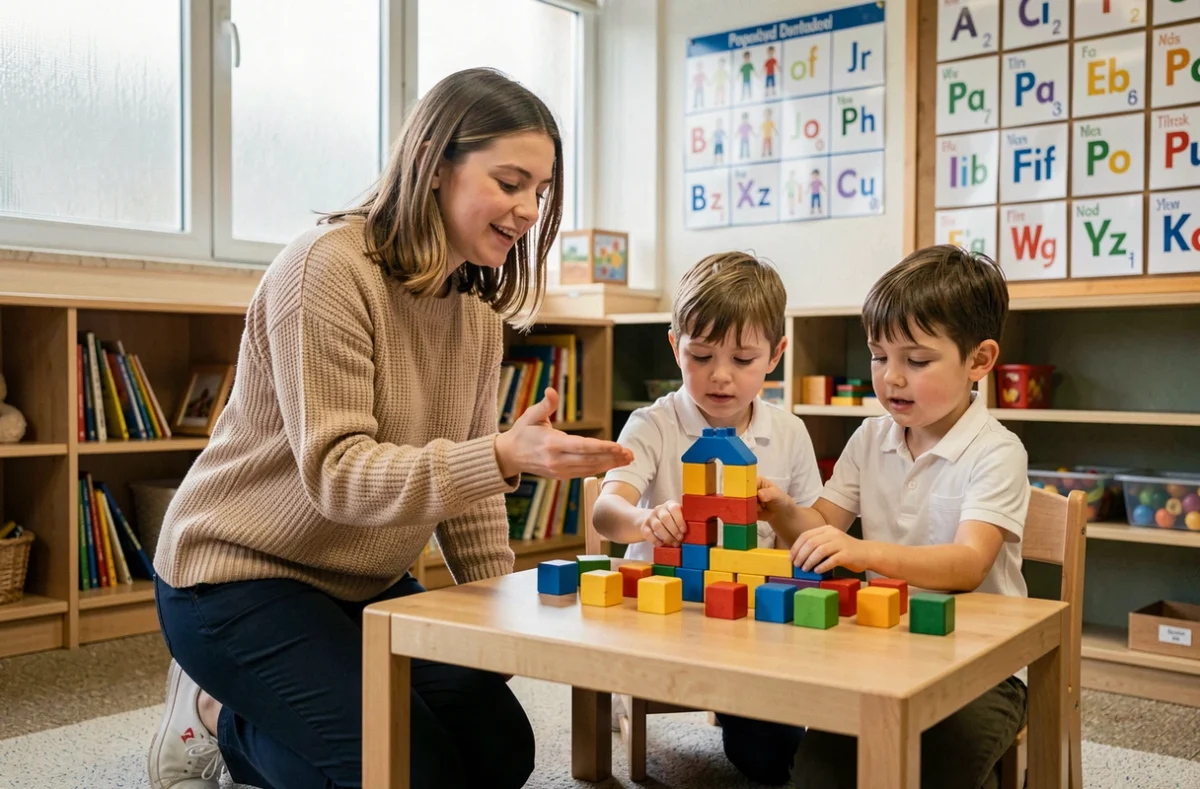 Enseignante guidant des élèves dans une activité de construction en classe pour favoriser l'apprentissage par le jeu