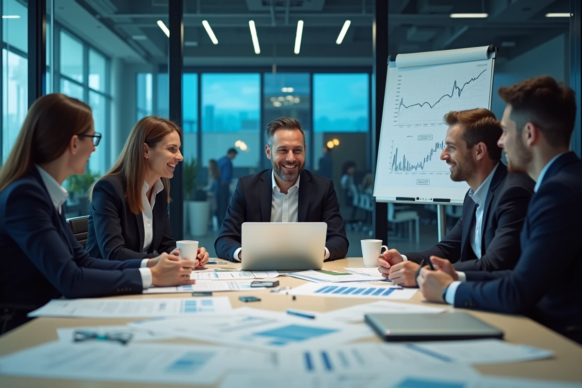 Équipe de professionnels financiers discutant des tendances du marché autour d'une table de conférence avec graphiques et laptops
