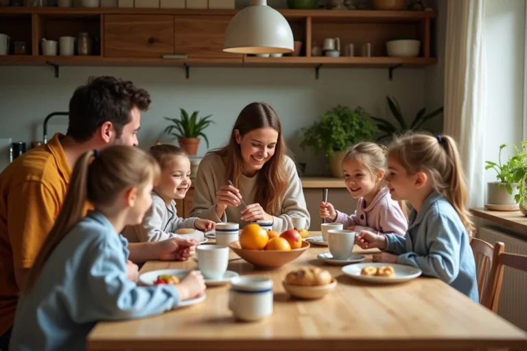 Famille épanouie autour d'un petit-déjeuner convivial dans une cuisine chaleureuse en bois et briques apparentes