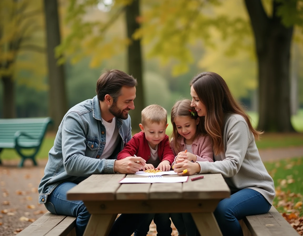Famille réunie dans un parc parisien lors d'un dimanche, illustrant la vie de famille privée de Margot Haddad