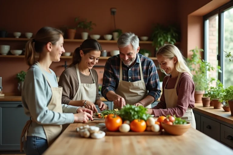 Famille épanouie préparant un repas ensemble dans une cuisine chaleureuse et rustique