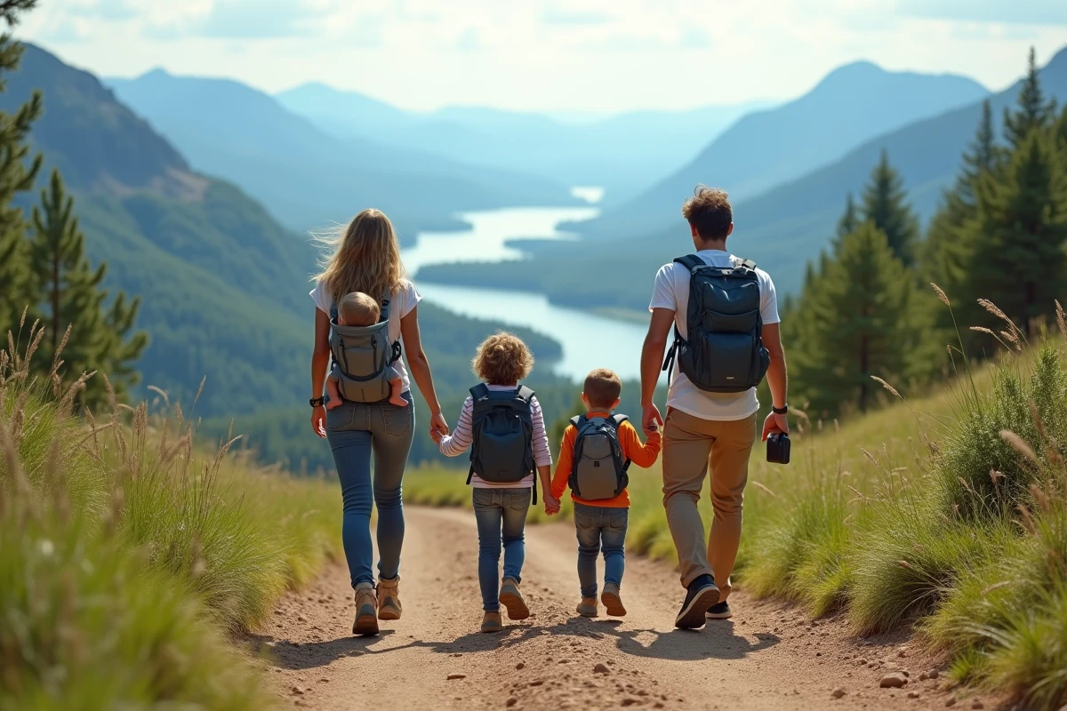 Famille en randonnée avec vue sur lac et montagnes