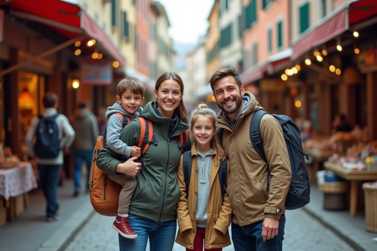 Famille souriante dans un marché européen coloré