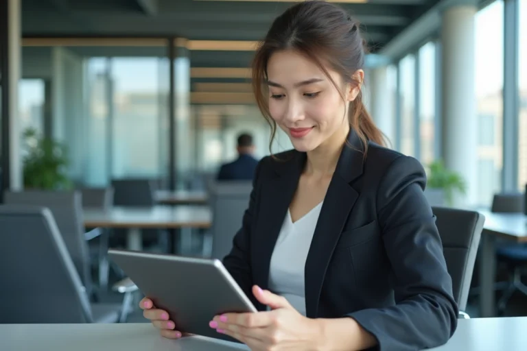 Femme confiante au bureau avec graphiques sur tablette