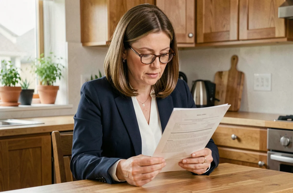 Femme consultant un contrat d'assurance habitation à sa table de cuisine, illustrant la protection du patrimoine immobilier
