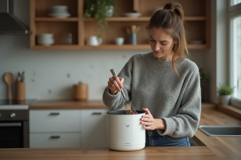 Femme en cuisine moderne en train de remuer un appareil