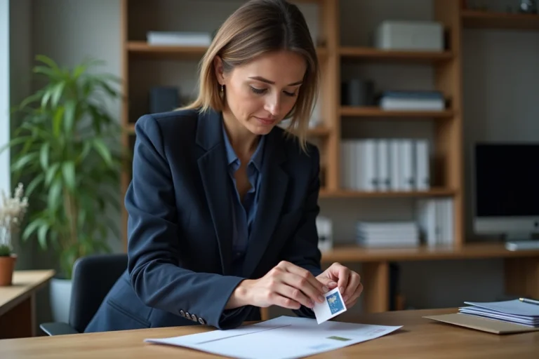 Femme en costume navy envoyant une lettre à la Banque Postale