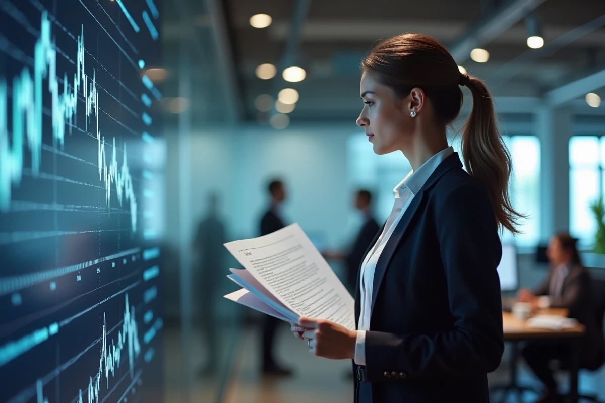 Professionnelle de la finance analysant un rapport de tendances boursières dans un open space moderne