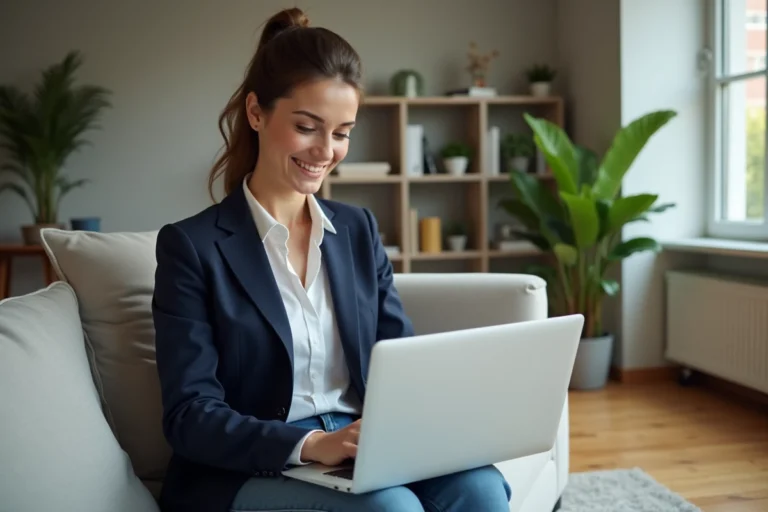 Jeune femme professionnelle consulte des annonces immobilières