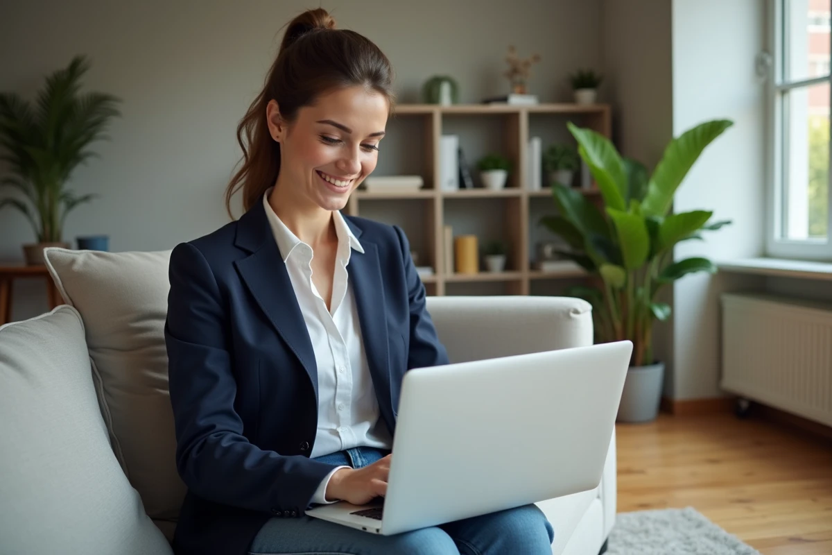 Jeune femme professionnelle consulte des annonces immobilières