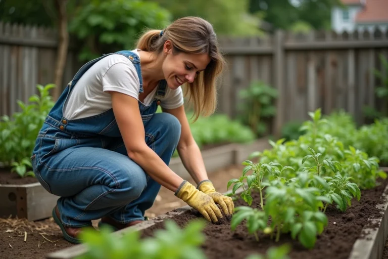 Femme jardinant dans un potager avec des bacs en bois remplis de légumes et herbes aromatiques