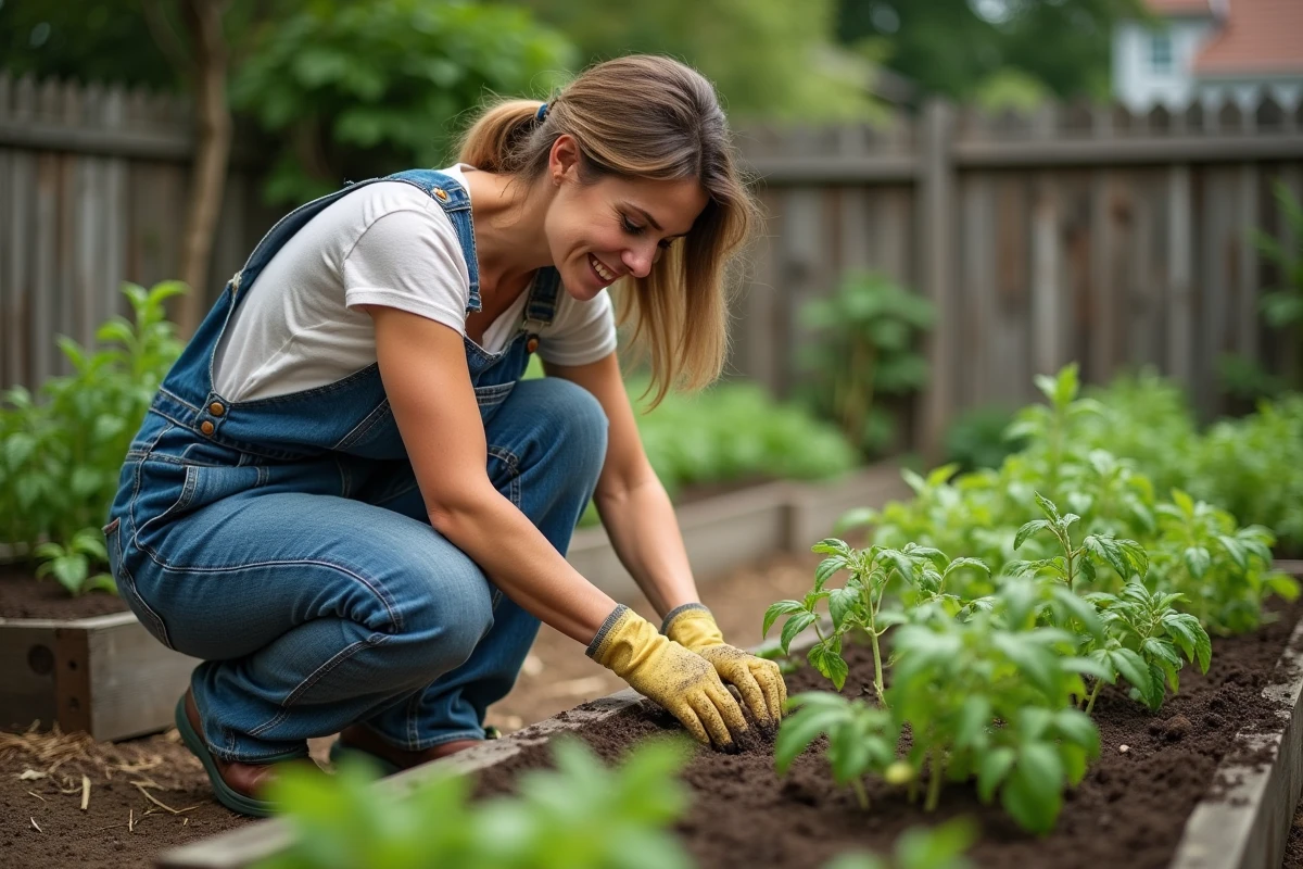 Femme jardinant dans un potager avec des bacs en bois remplis de légumes et herbes aromatiques