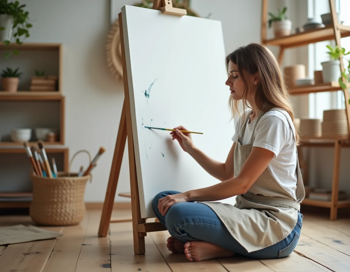 Femme adulte peignant sur une toile dans un atelier d'art fait maison, entourée de pinceaux et de peintures acryliques