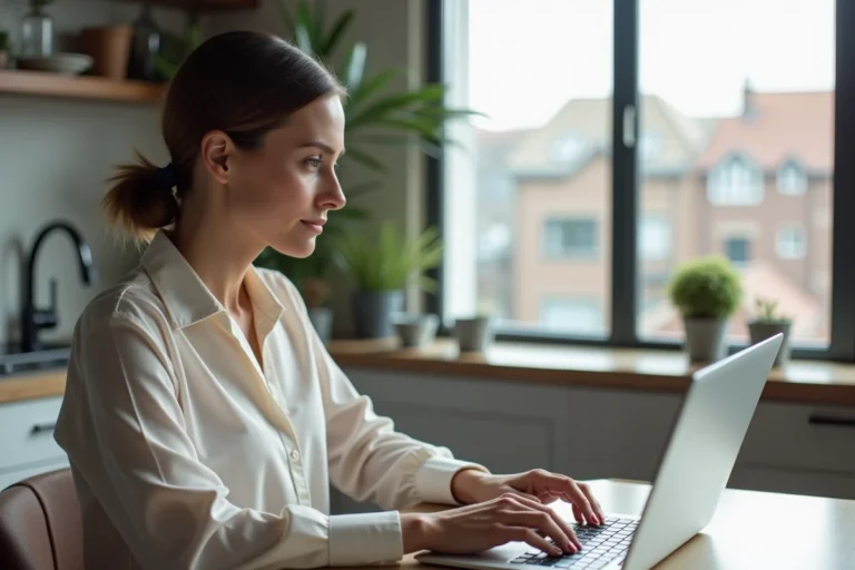 Femme en business casual consulte des annonces immobilières