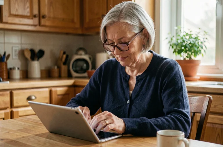Une femme senior aux cheveux argentés utilise une tablette numérique dans sa cuisine pour accéder à des ressources en ligne pour les seniors
