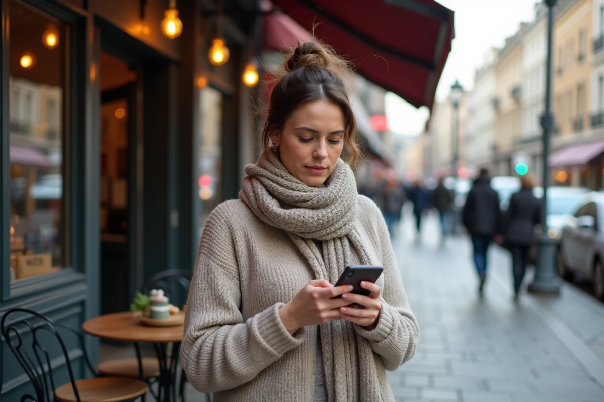 Femme dans la rue regardant son smartphone avec curiosite