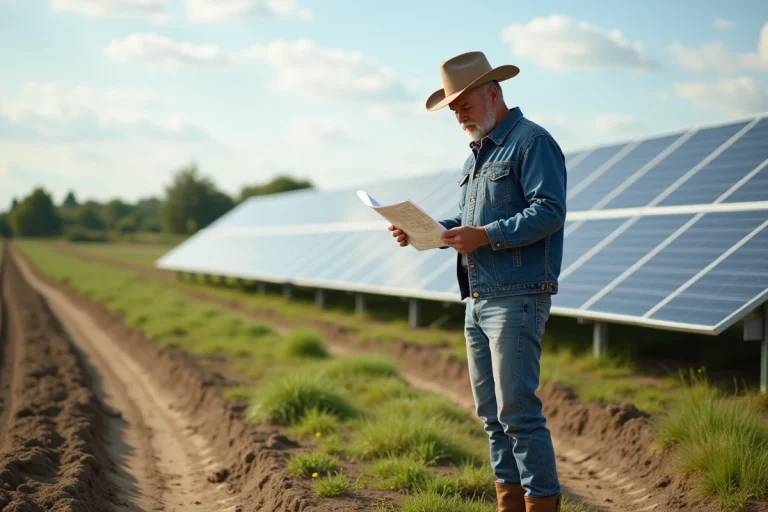 Ferme avec fermier et panneaux solaires dans un champ