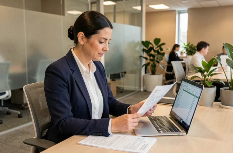 Responsable RH femme analysant des documents de paie et des congés sur un bureau en open space moderne