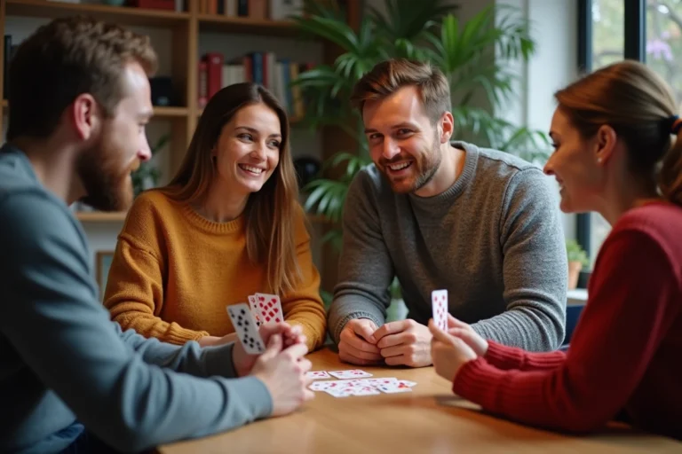 Groupe de quatre adultes jouant aux cartes dans un salon convivial