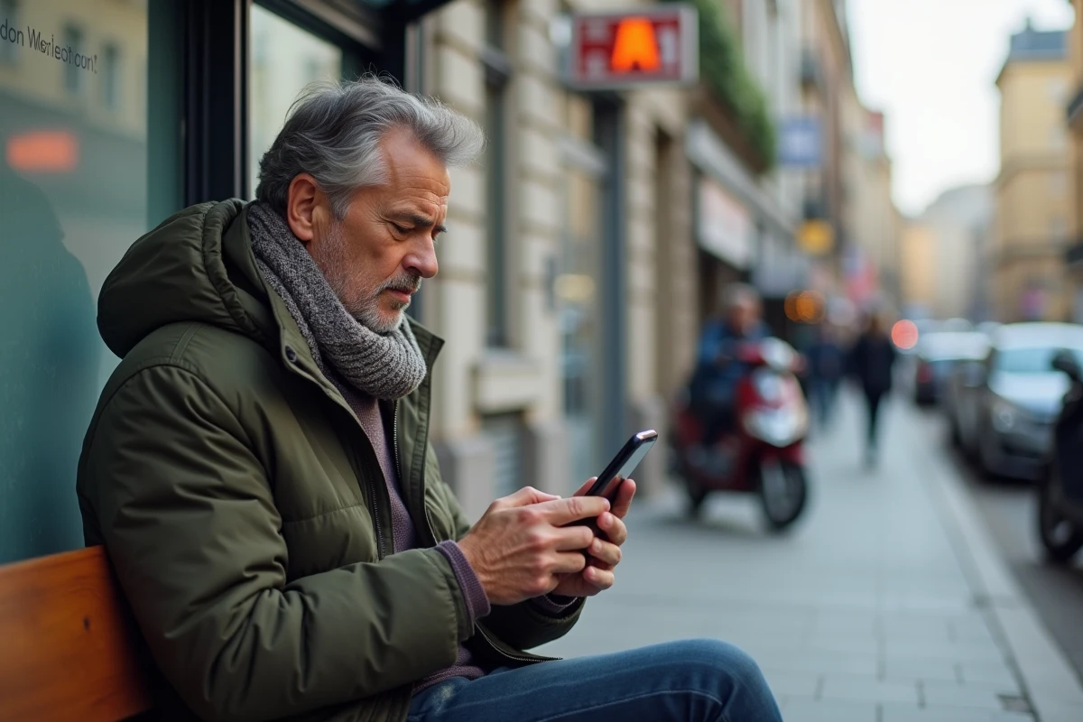 Homme en extérieur regarde son smartphone pour rechercher un logement