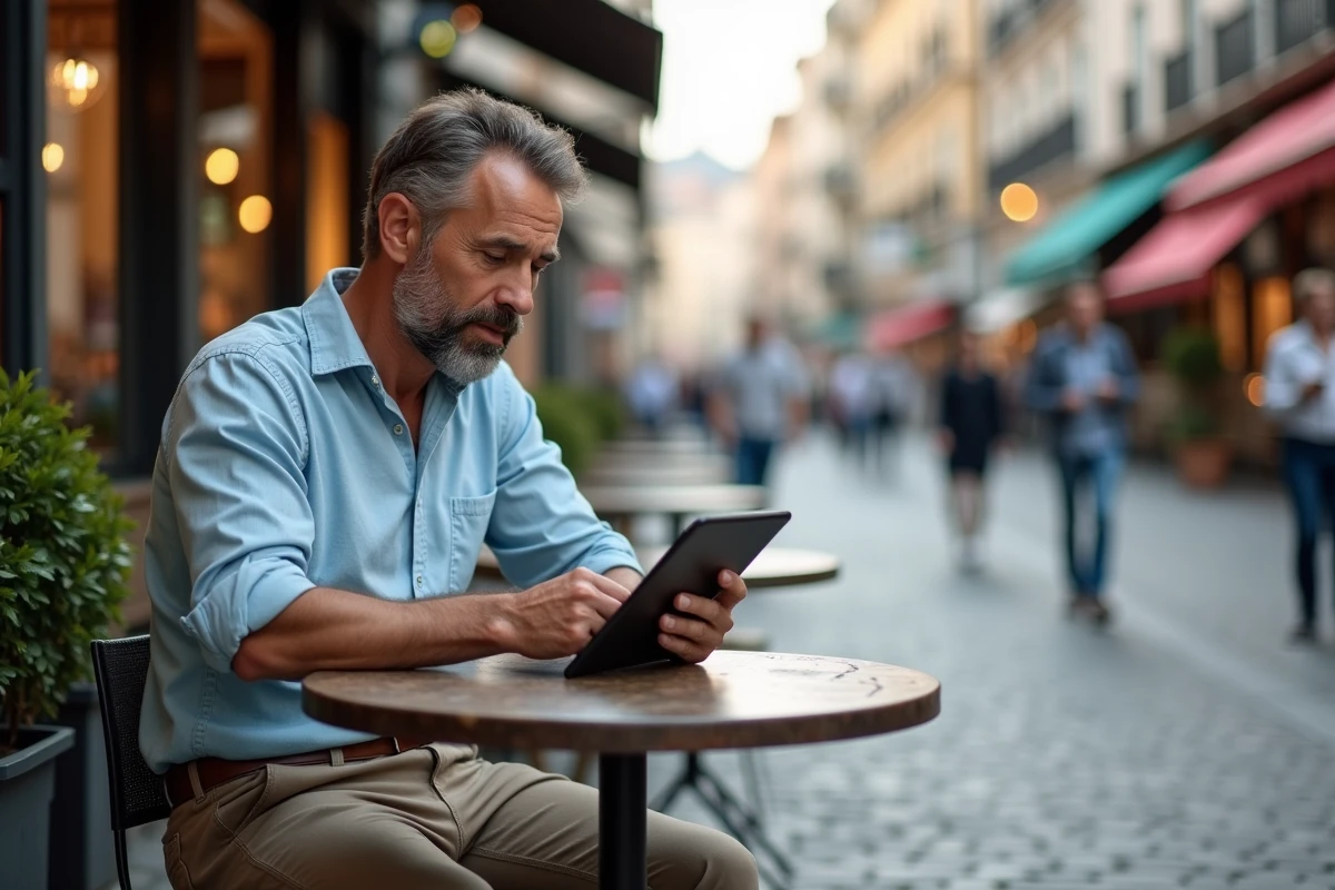 Homme d age moyen regarde une carte immobiliere en terrasse
