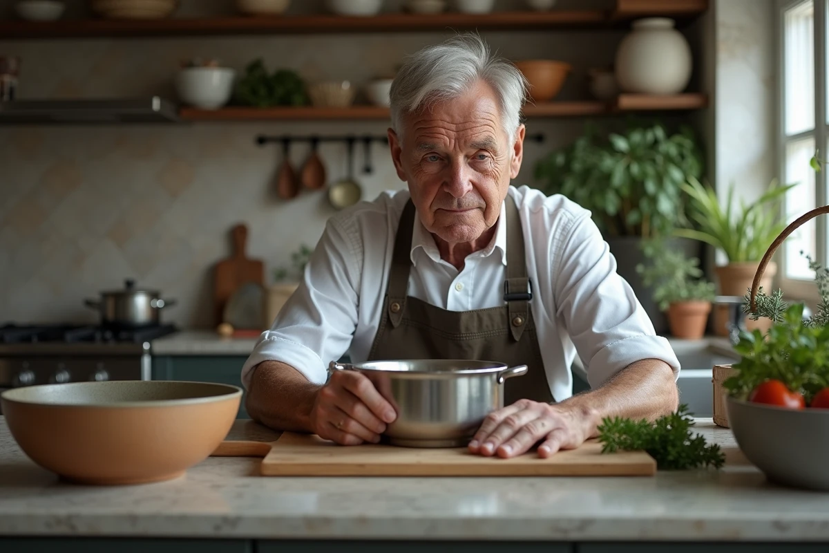Homme âgé surveillant un appareil de cuisson dans la cuisine