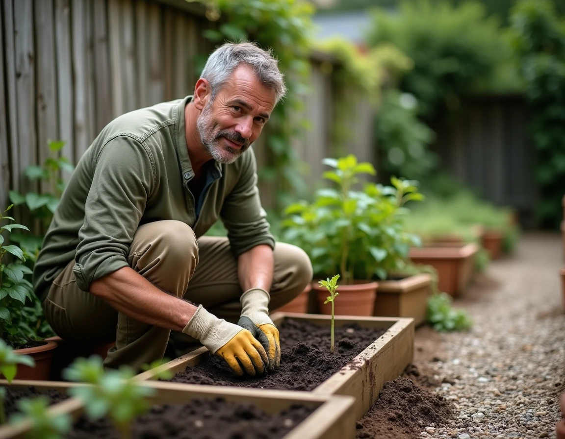 Homme adulte jardinage dans un potager surélevé dans un jardin de banlieue, plantant des semis avec des gants de jardinage